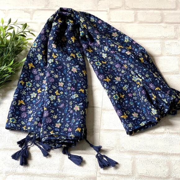 NEW Boho Butterfly Floral Design Tasseled Rectangle Soft Chic Scarf L Navy Blue - Picture 3 of 15